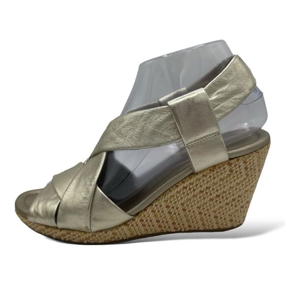 Cole Haan Dinah 85 Gold Puffy Leather Strappy Open Toed Platform Wedge Heel 7M - Picture 1 of 12